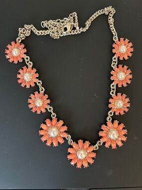 Coral Pink Flower Statement Necklace with Pearl Centers